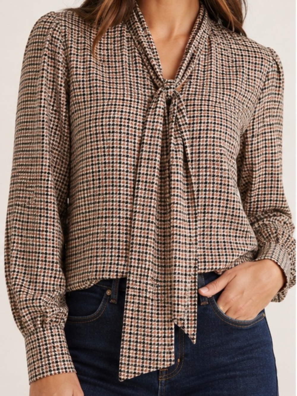 Who What Wear Houndstooth Tie-Neck Blouse in Black, Cream & Brown Women’s medium - Picture 6 of 7